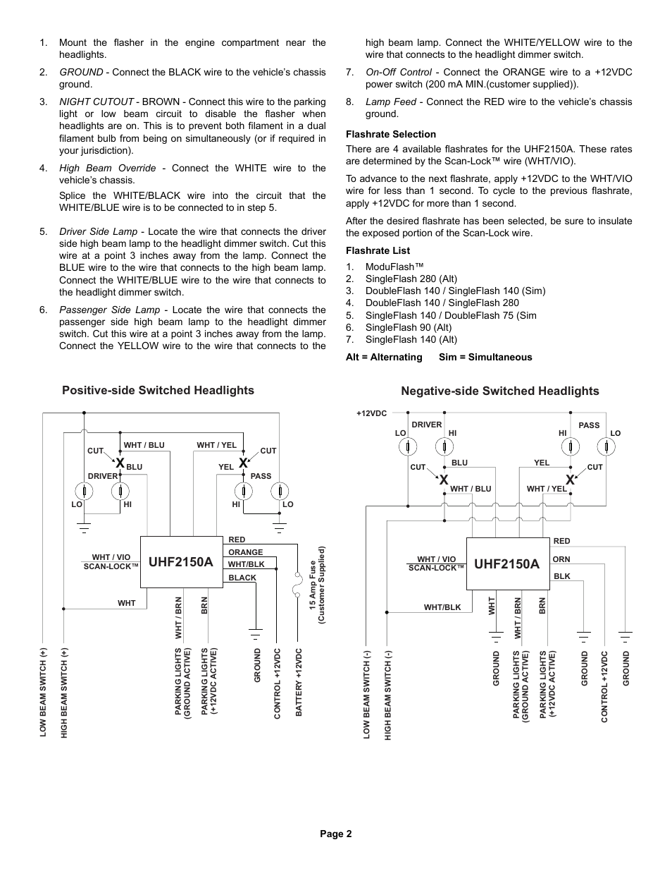 Uhf2150a, Negative-side switched headlights, Positive-side switched headlights | Whelen UHF2150A User Manual | Page 2 / 2