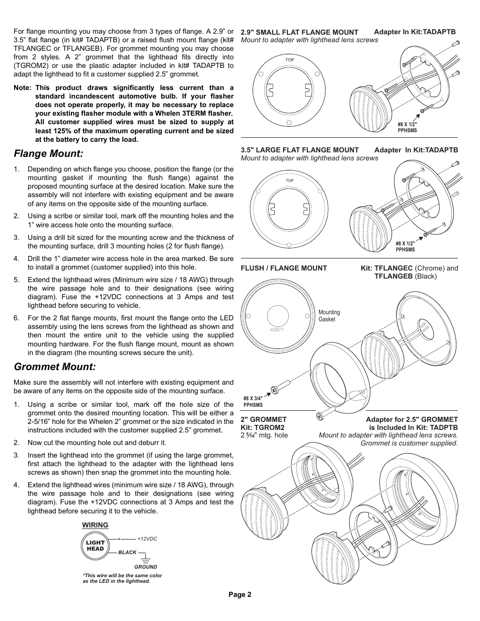 Flange mount, Grommet mount | Whelen T0A00MAR User Manual | Page 2 / 3