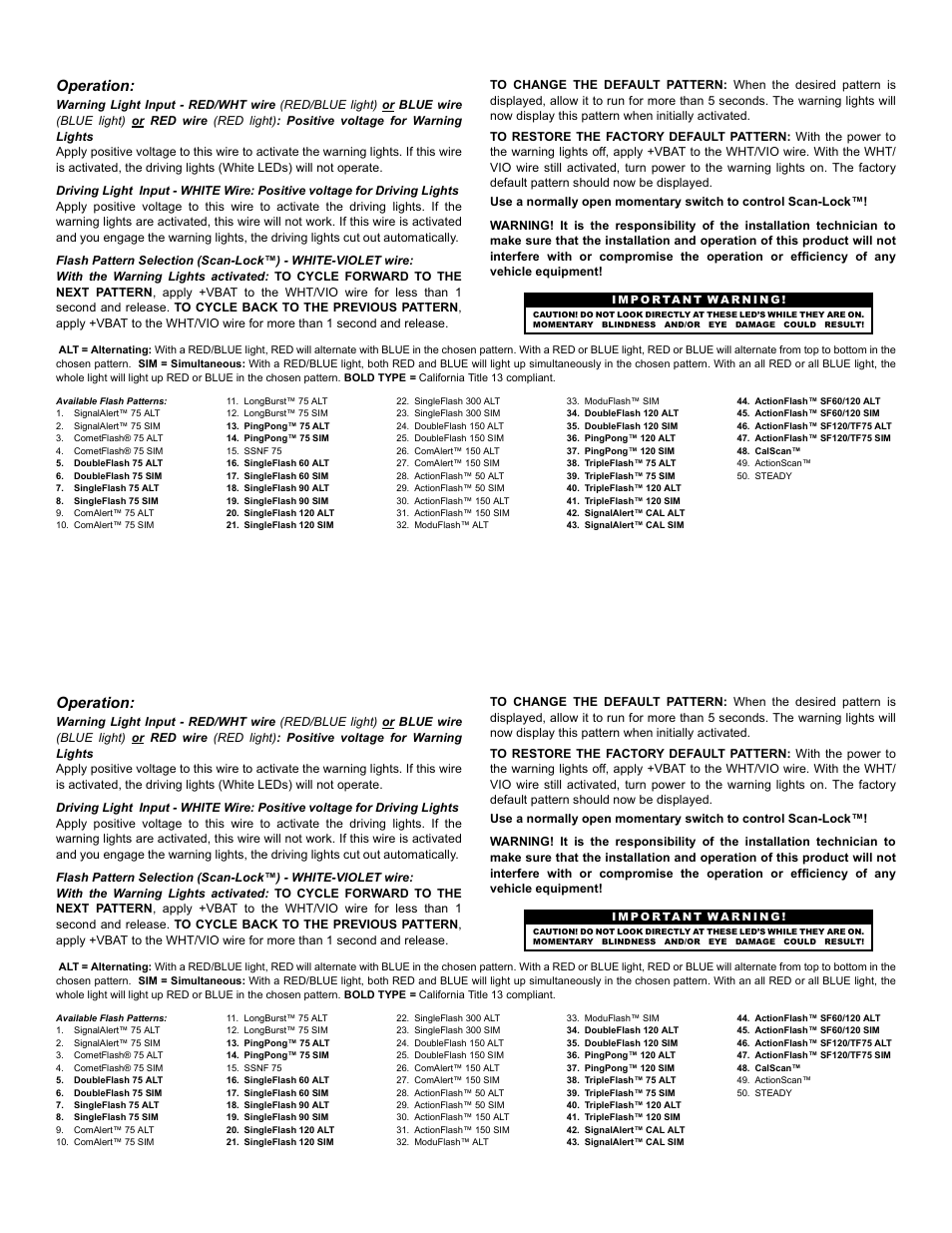 Operation | Whelen P28DC11 User Manual | Page 2 / 2