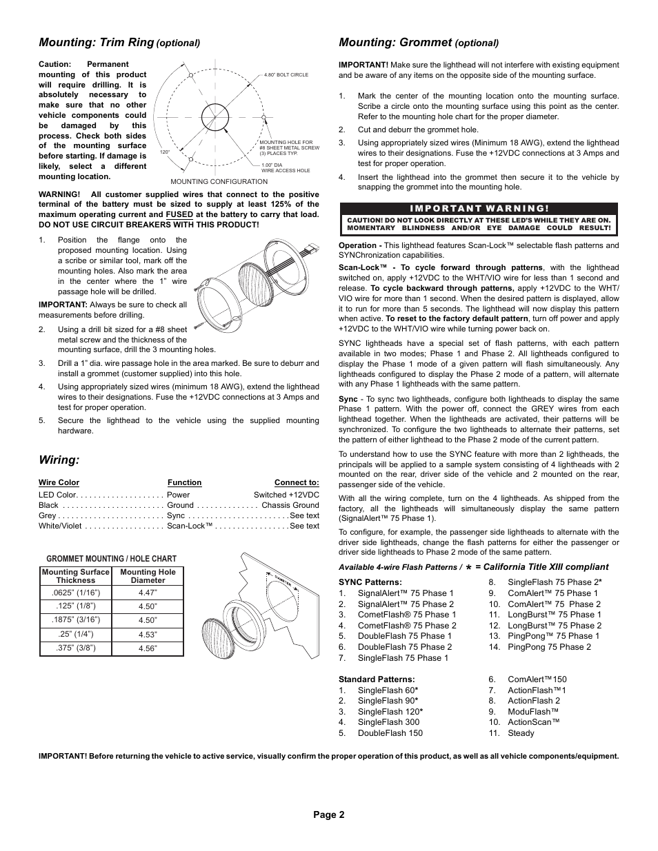 Mounting: trim ring, Mounting: grommet, Wiring | Whelen 200 Series / 4” Round TIR6™ Super-LED® Lighthead User Manual | Page 2 / 2