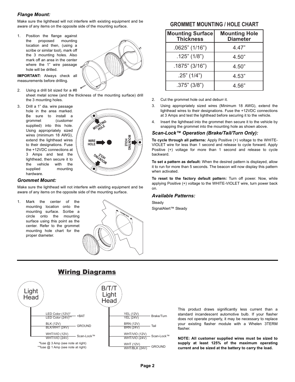 Light head wiring diagrams b/t/t light head, Grommet mounting / hole chart | Whelen 20R00XRR User Manual | Page 2 / 3