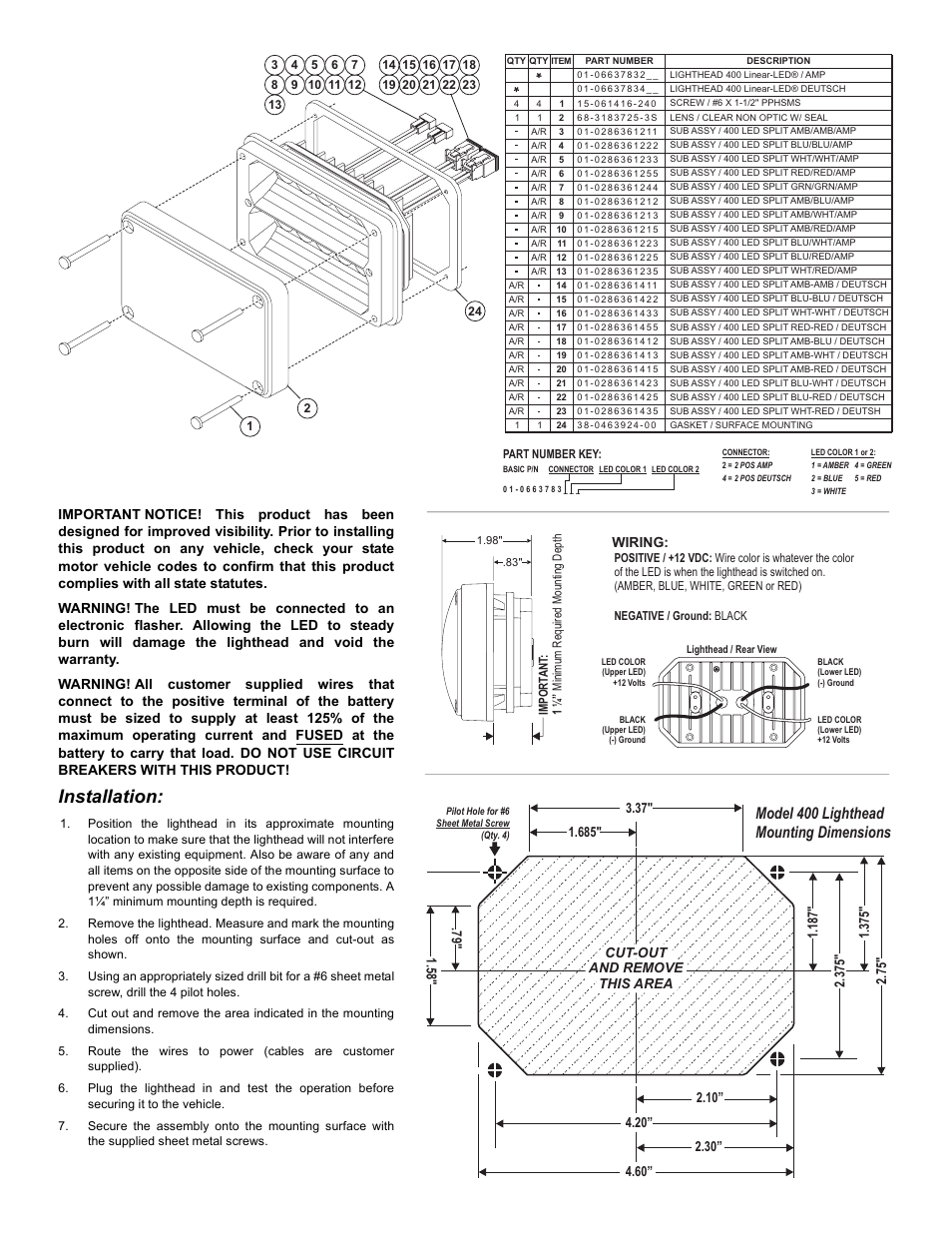 Installation, Model 400 lighthead mounting dimensions, Page 2 | Wiring | Whelen 40AA5SCR User Manual | Page 2 / 2