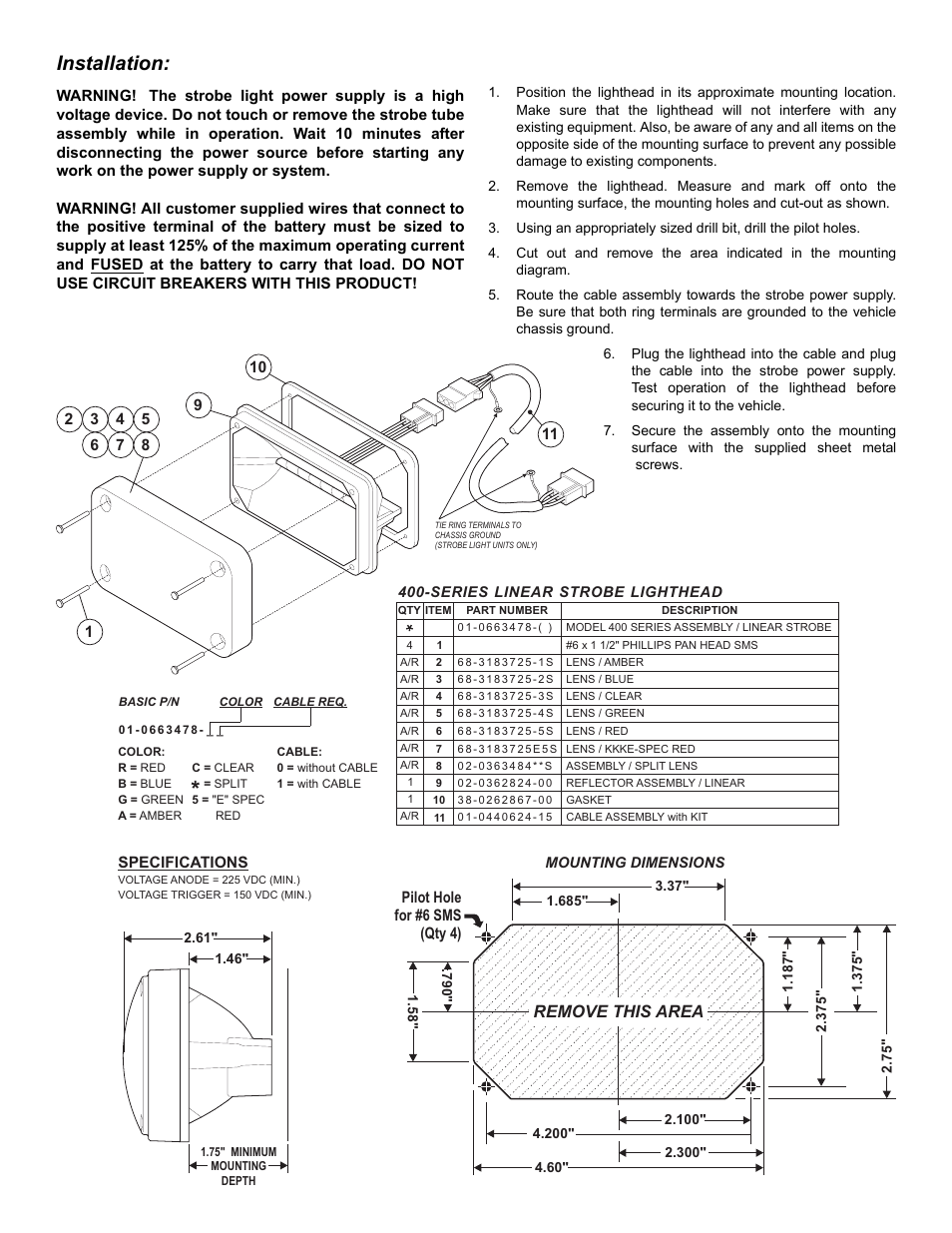 Installation, Remove this area | Whelen 402000AR User Manual | Page 2 / 2