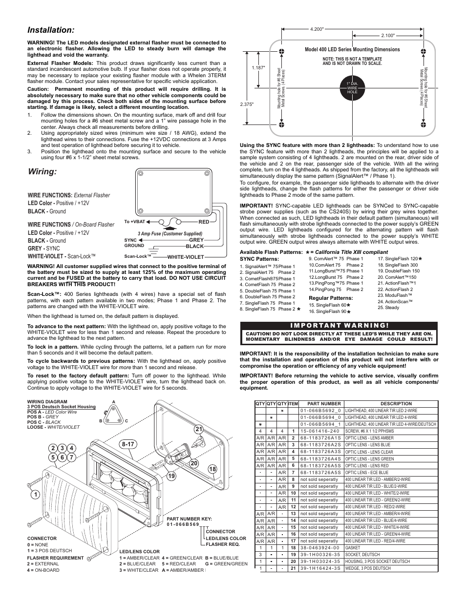 Wiring, Installation, Page 2 | Whelen 40A02ZAR User Manual | Page 2 / 2