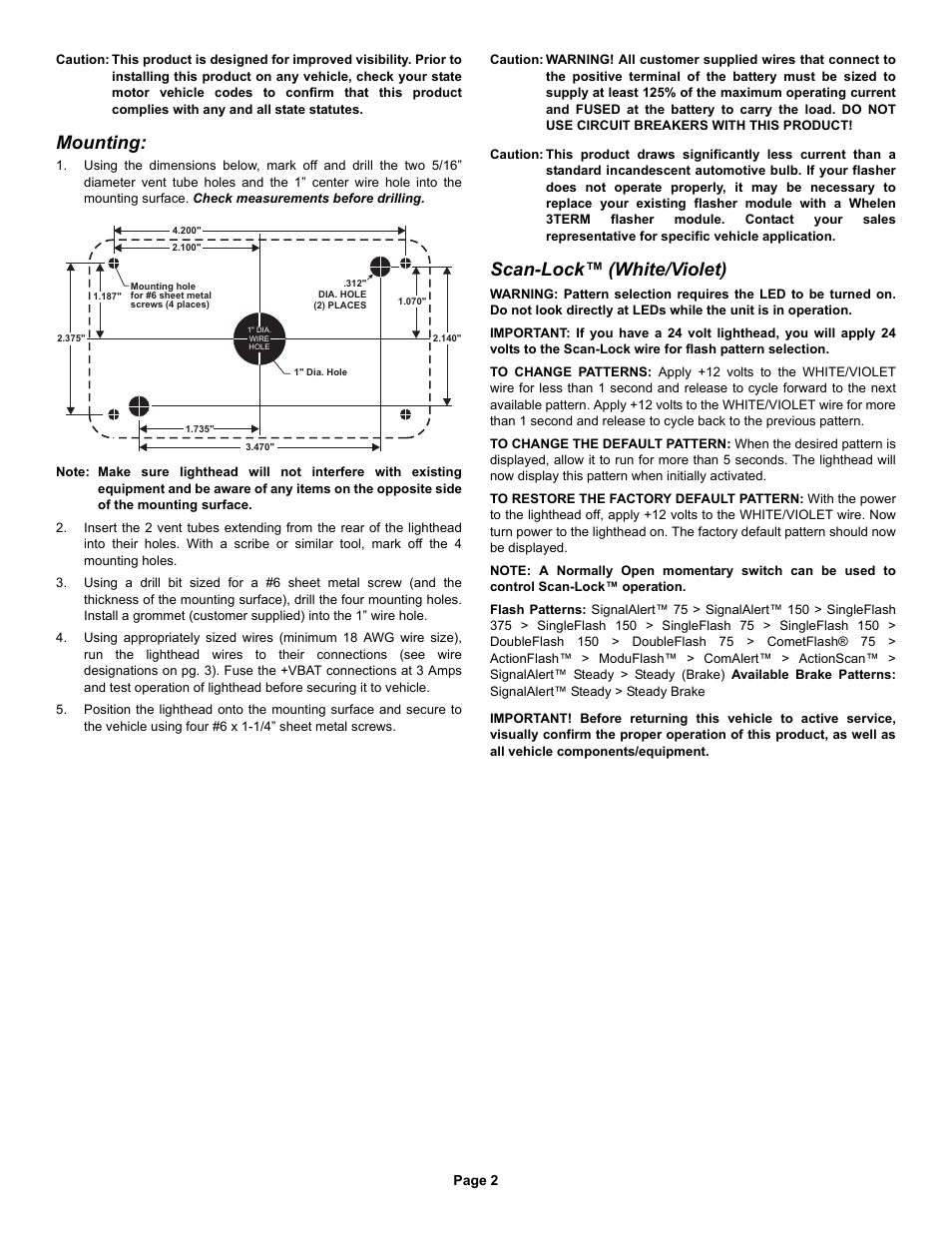 Mounting, Scan-lock™ (white/violet) | Whelen 400 Series LED Lighthead User Manual | Page 2 / 3