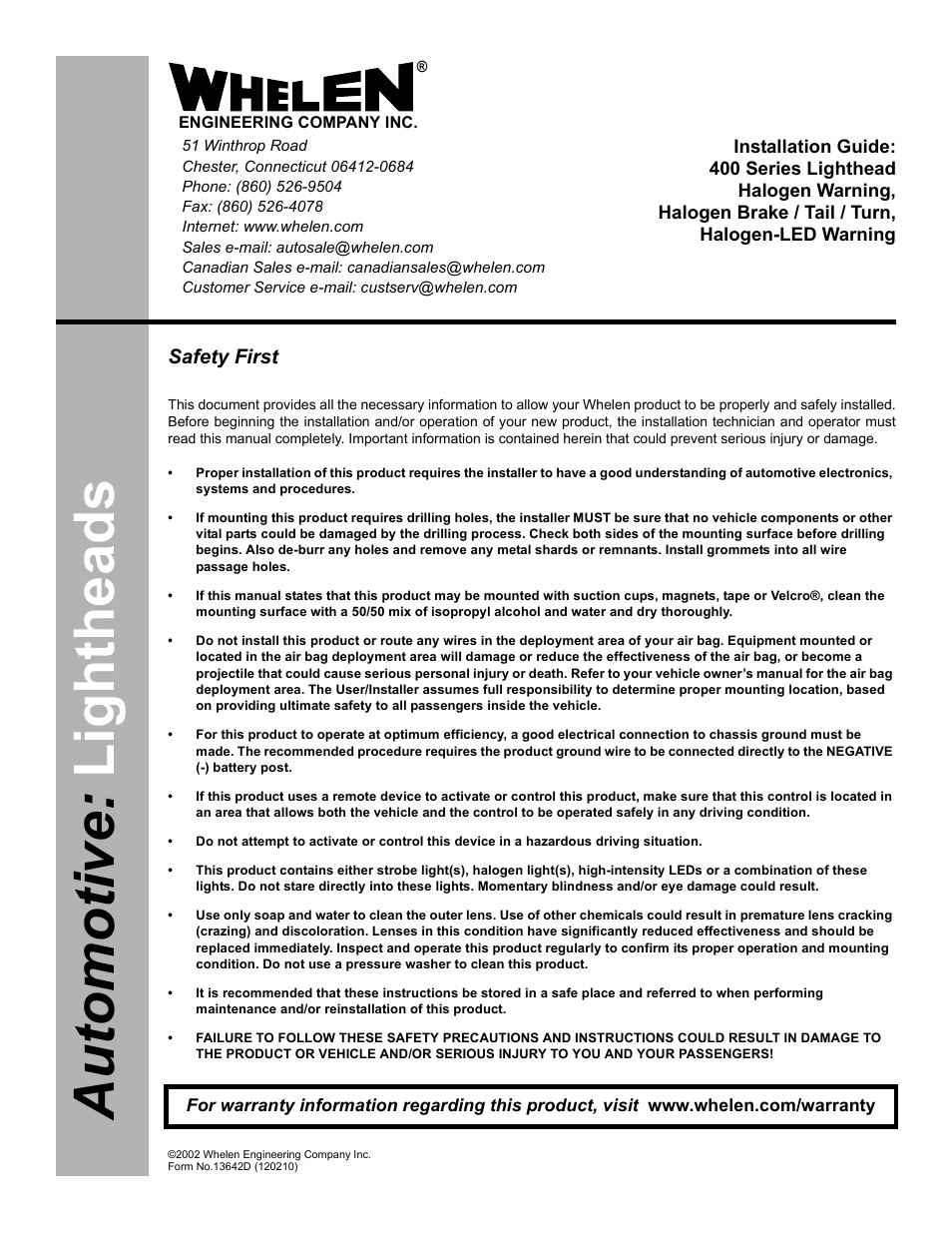 Whelen 400 Series Lighthead User Manual | 2 pages