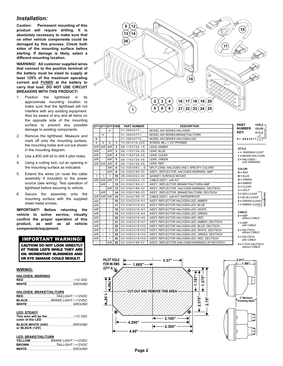 Installation, Important warning, Page 2 | Wiring | Whelen 400 Series Lighthead User Manual | Page 2 / 2