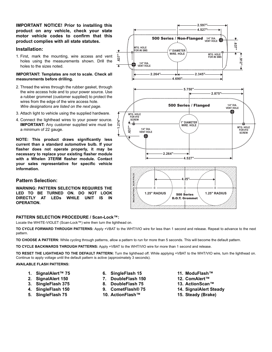 Installation, Pattern selection | Whelen 5SA00FAR User Manual | Page 2 / 4