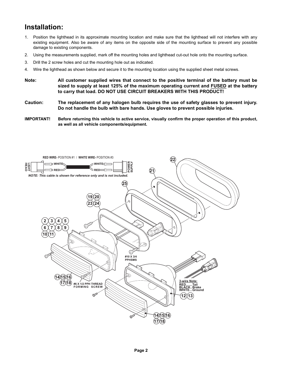 Installation | Whelen 500 Series Halogen Lighthead User Manual | Page 2 / 3