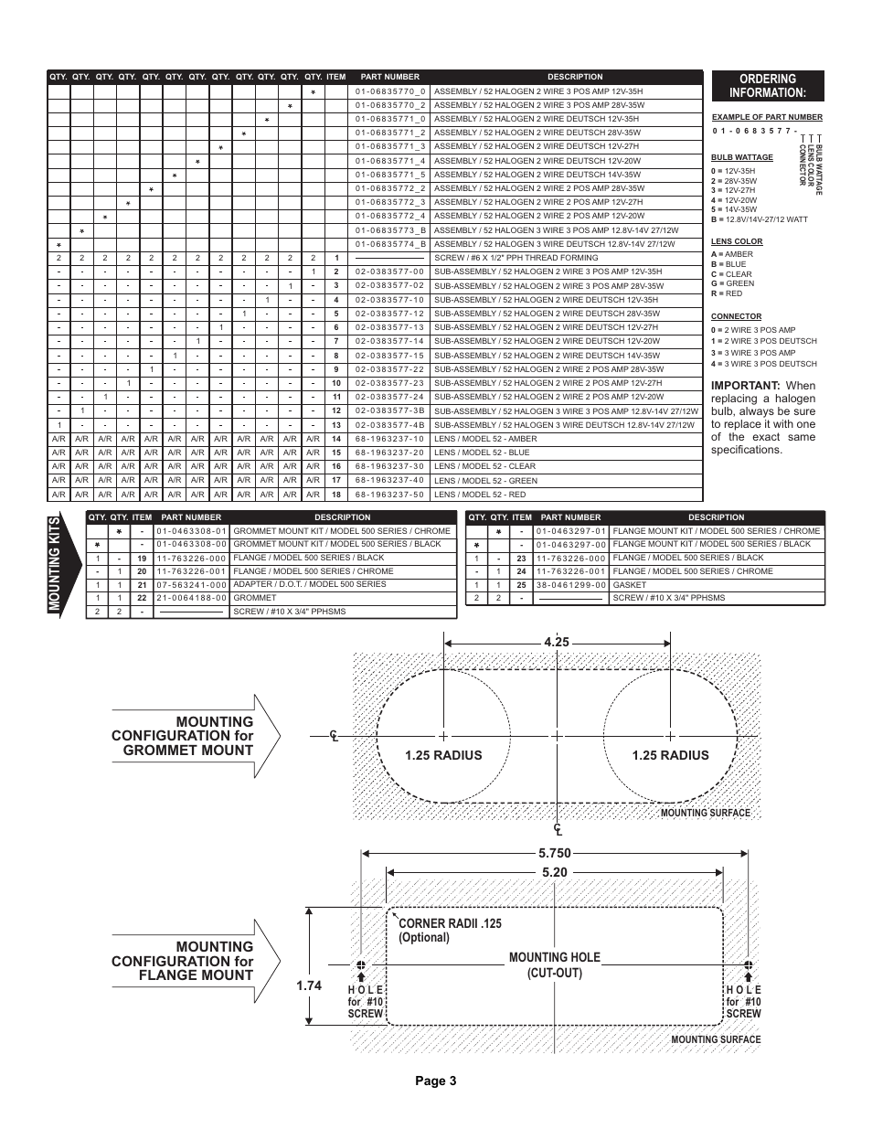 Mounting kits, Mounting configuration for grommet mount, Mounting configuration for flange mount | Page 3, Ordering information, 25 radius | Whelen 500 Series Halogen Lighthead User Manual | Page 3 / 3