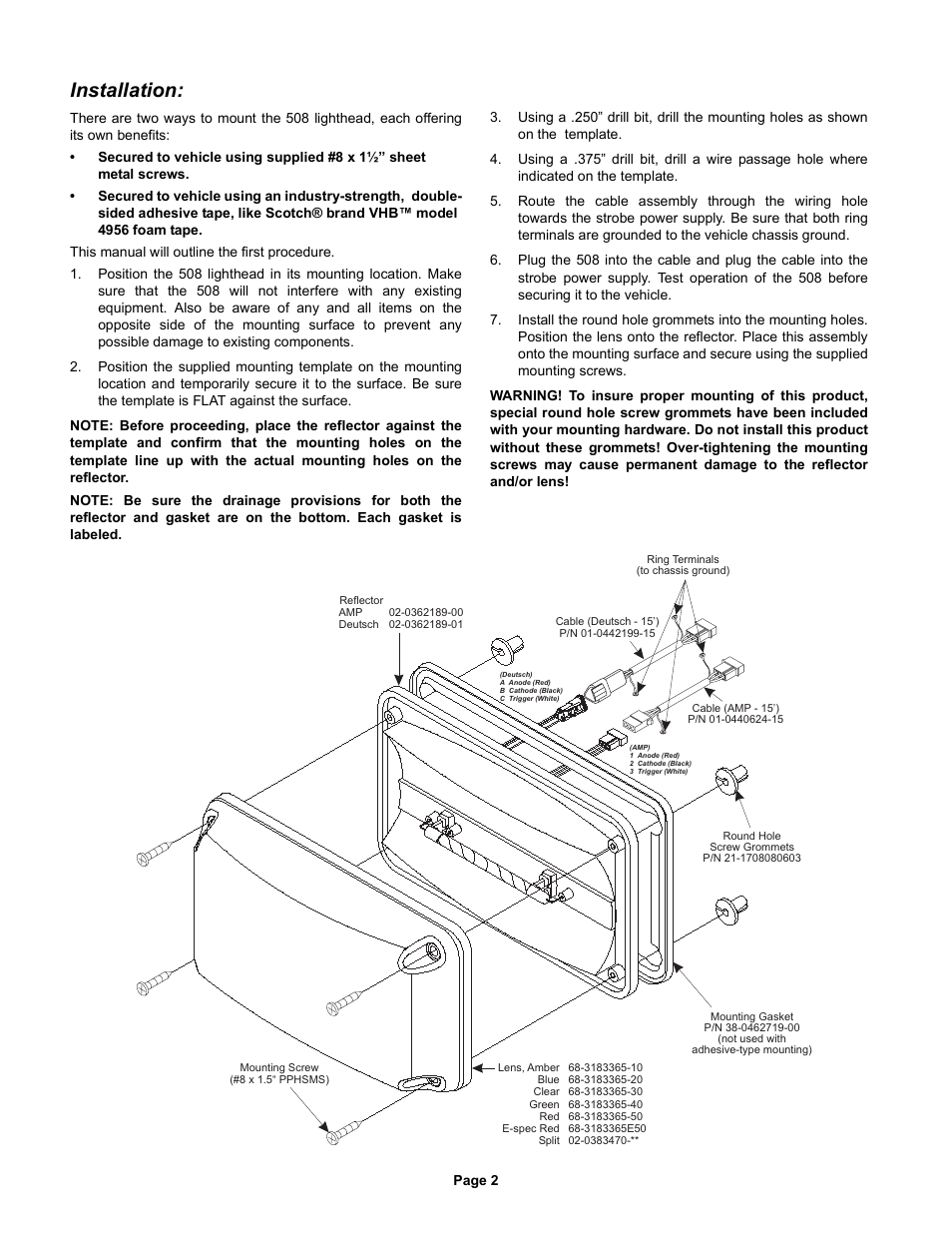 Installation | Whelen 508 Series Lighthead User Manual | Page 2 / 3