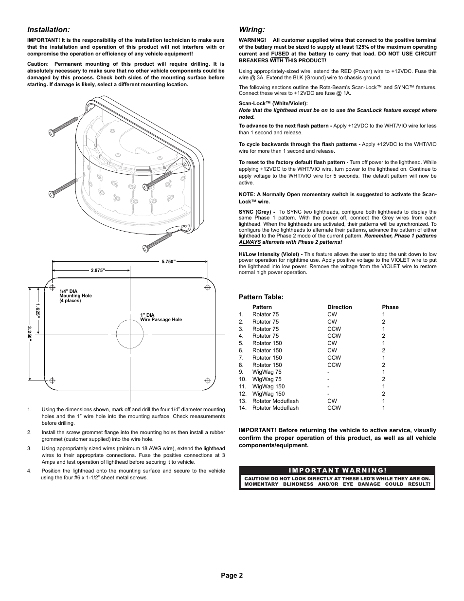 Installation, Wiring | Whelen 6RBA User Manual | Page 2 / 2