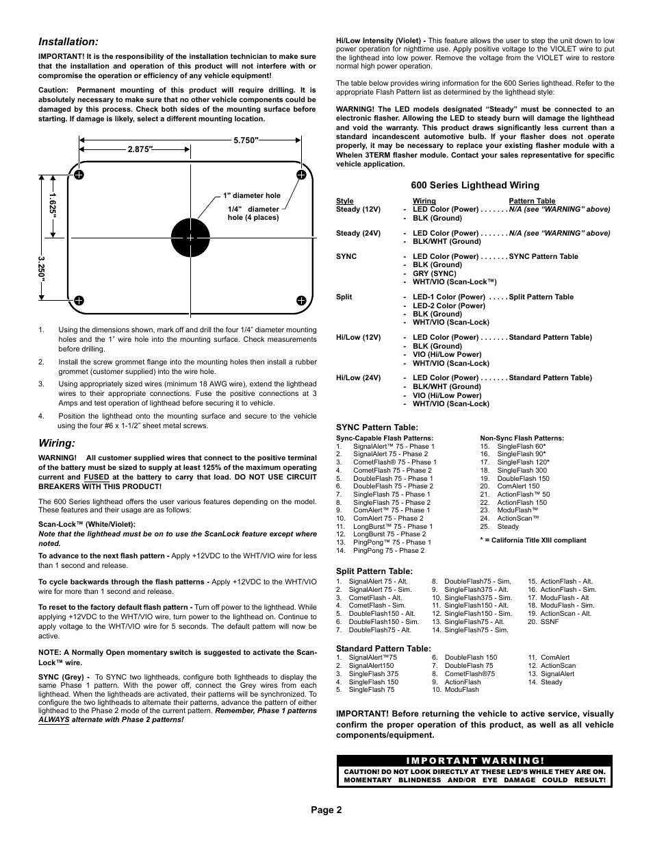 Installation, Wiring, Page 2 | 600 series lighthead wiring | Whelen 60A02SAR User Manual | Page 2 / 3