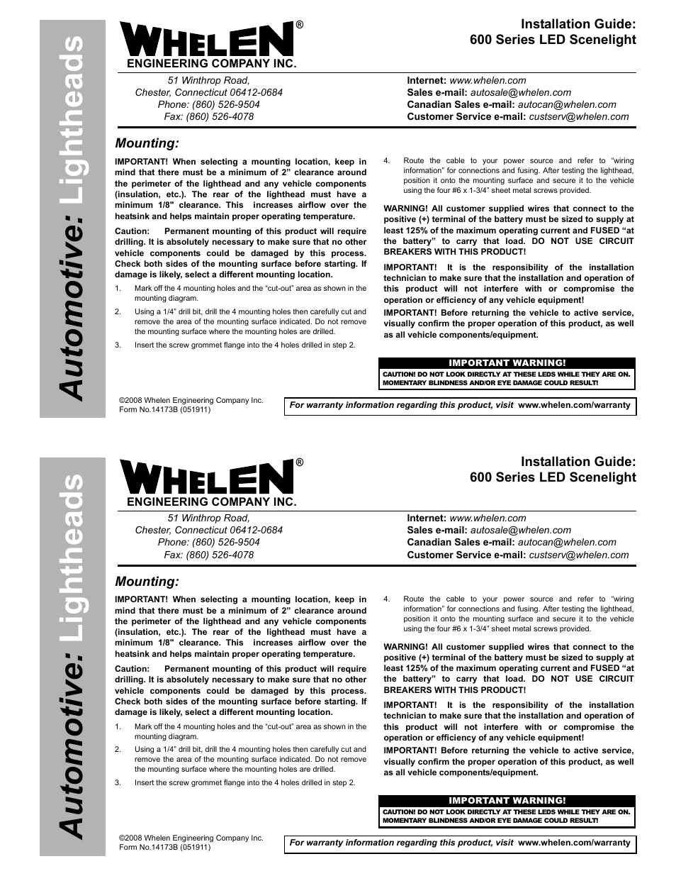 Whelen 600 Series LED Scenelight User Manual | 2 pages