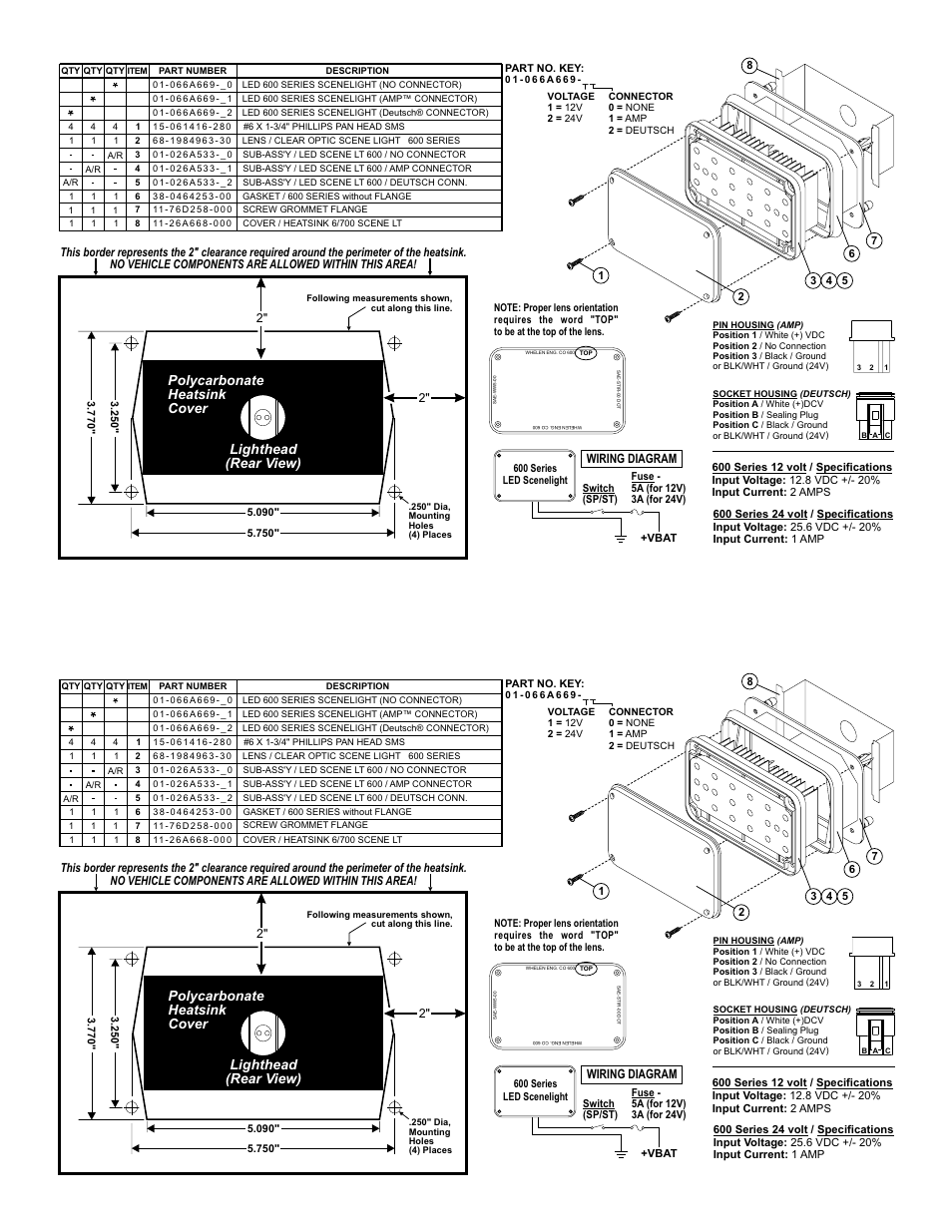 Page 2, Lighthead ( ) rear view, Polycarbonate heatsink cover | Whelen 600 Series LED Scenelight User Manual | Page 2 / 2