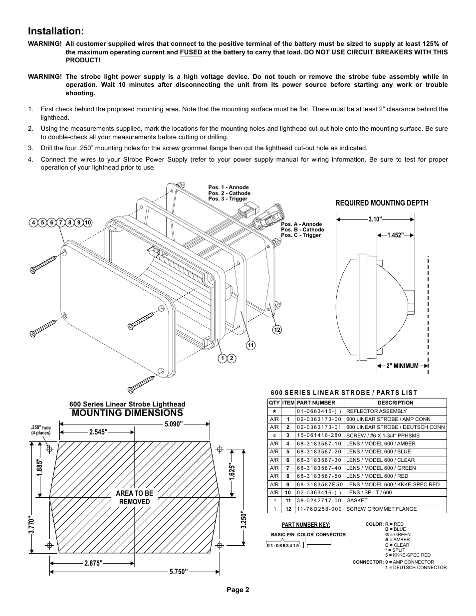 Installation, Mounting dimensions, Required mounting depth | Whelen 602000AR User Manual | Page 2 / 2