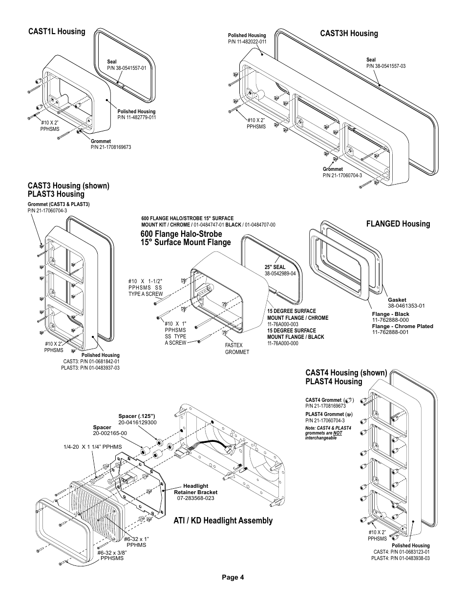 Ati / kd headlight assembly, Cast3 housing (shown) plast3 housing, Cast4 housing (shown) plast4 housing | Flanged housing, Cast3h housing, Cast1l housing | Whelen 60F000AR User Manual | Page 4 / 5