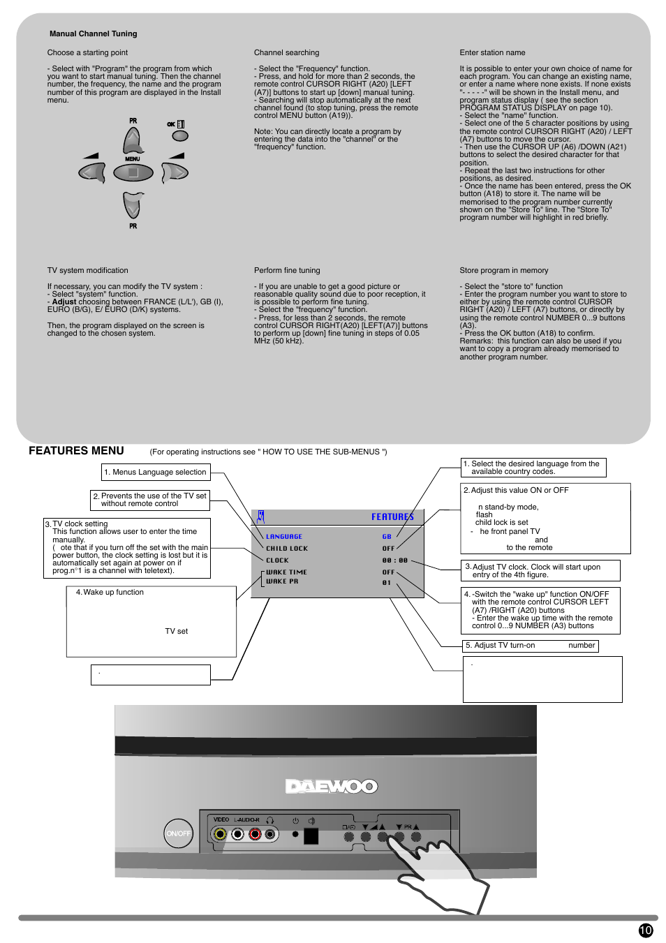 Features menu 10 | Daewoo D W X -28W User Manual | Page 11 / 14