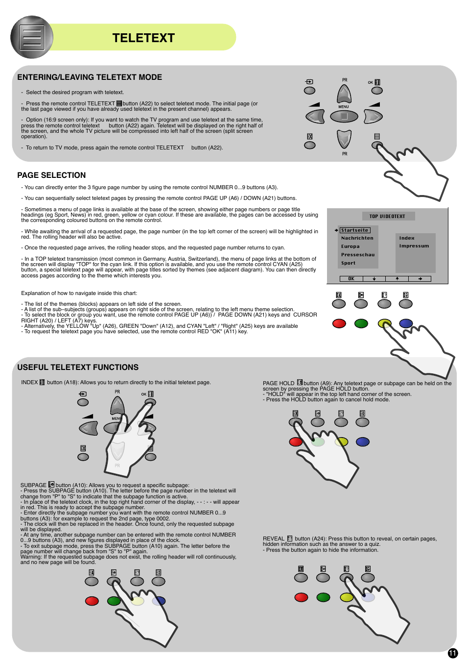 Teletext, Entering/leaving teletext mode, Page selection | Useful teletext functions | Daewoo D W X -28W User Manual | Page 12 / 14