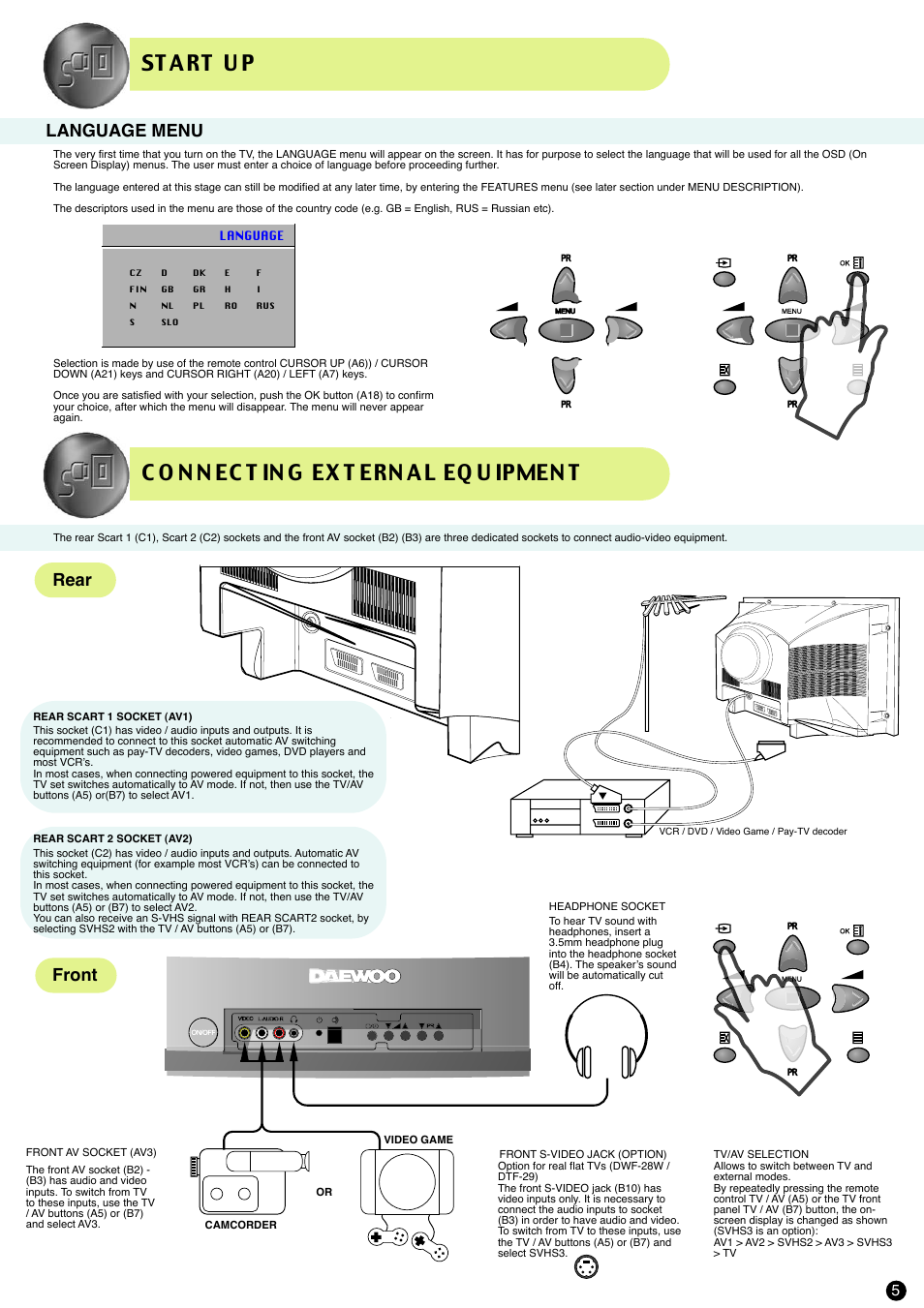 St art u p, Front rear, Language menu | Daewoo D W X -28W User Manual | Page 6 / 14