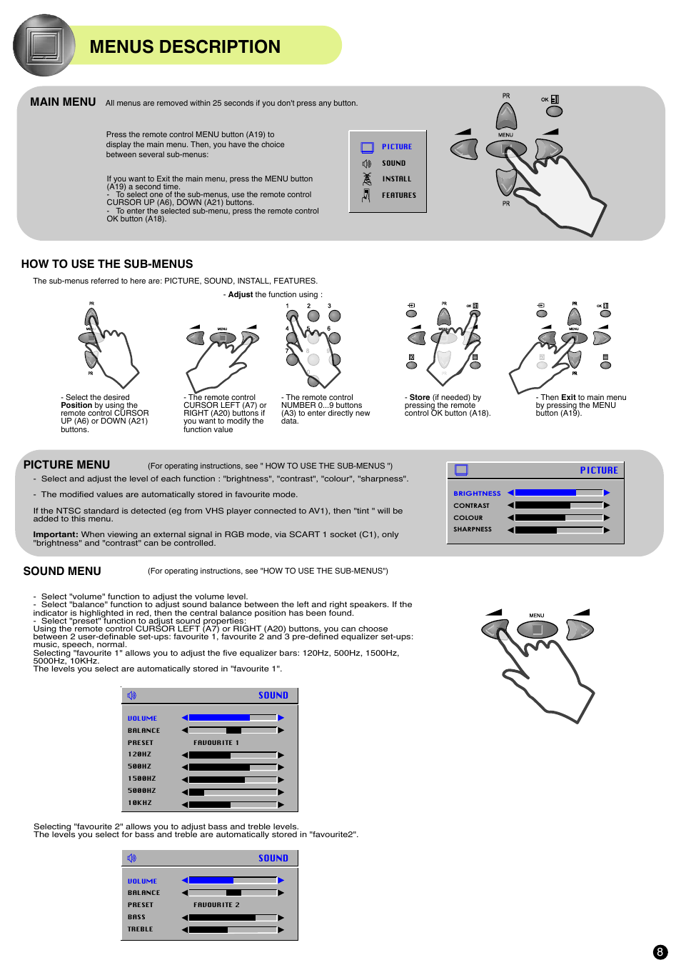 Menus description | Daewoo D W X -28W User Manual | Page 9 / 14