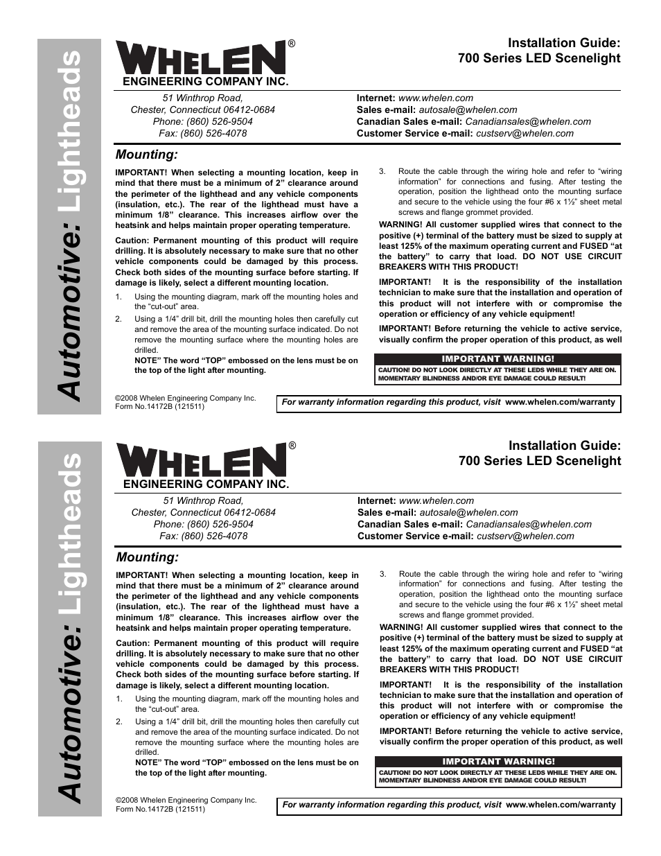 Whelen 70C0ELZR User Manual | 2 pages