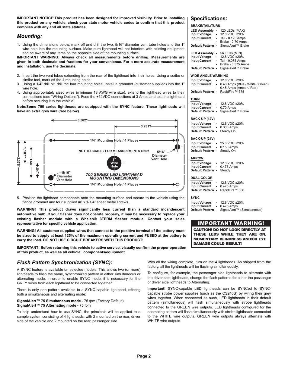 Mounting, Flash pattern synchronization (sync), Specifications | Important warning | Whelen 70C00VCR User Manual | Page 2 / 4