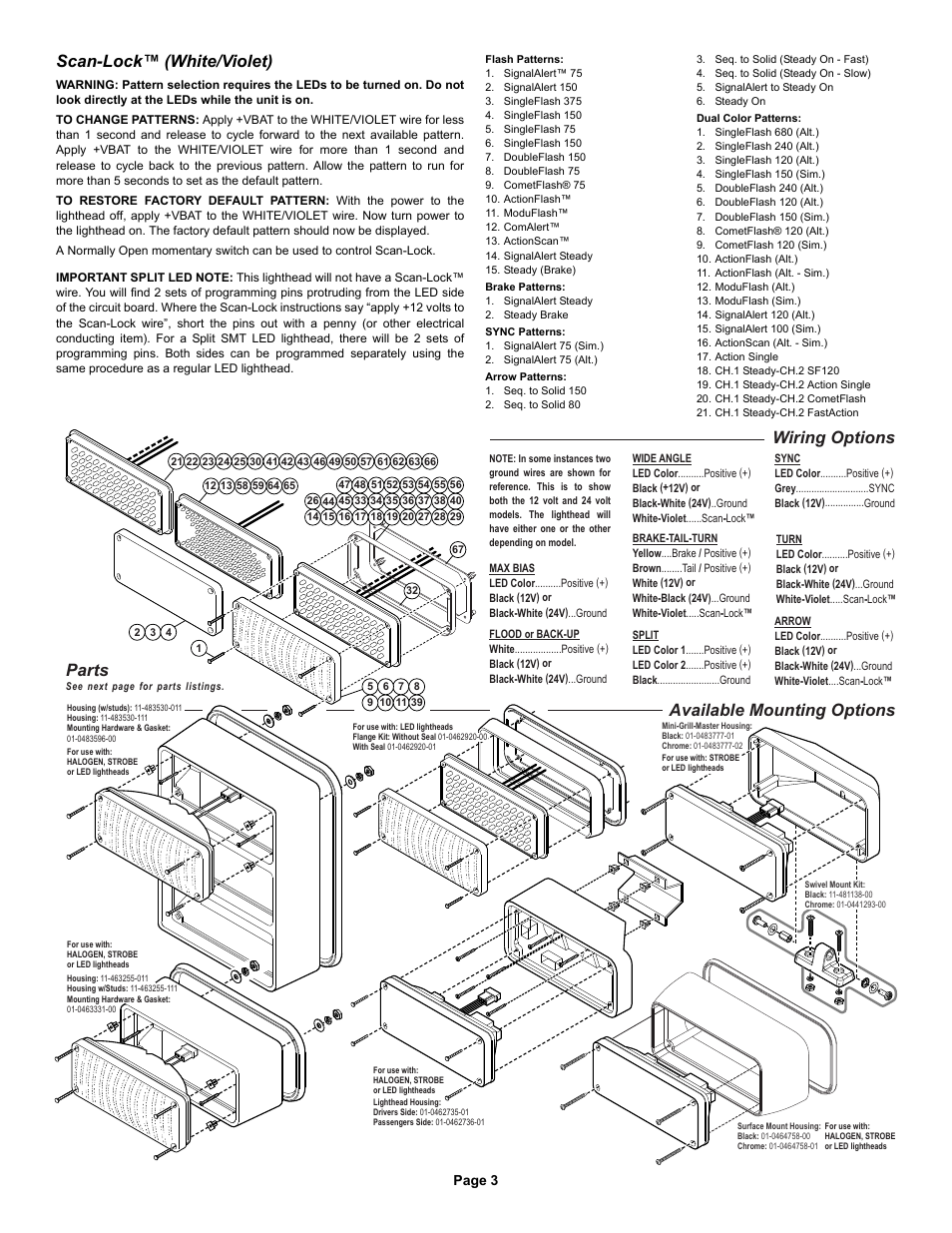 Scan-lock™ (white/violet), Available mounting options wiring options parts, Page 3 | Whelen 70C00VCR User Manual | Page 3 / 4