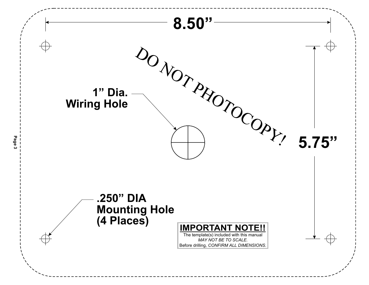 250” dia mounting hole (4 places), 1” dia. wiring hole | Whelen 810CA0ZR User Manual | Page 3 / 3