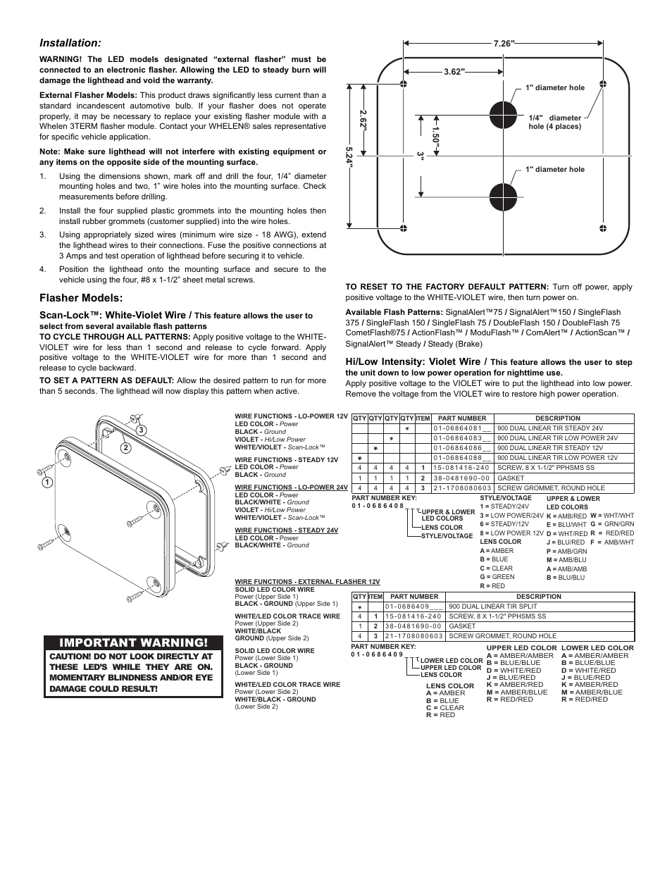 Important warning, Installation, Flasher models | Page 2, Scan-lock™: white-violet wire, Hi/low intensity: violet wire | Whelen 90AA5SAR User Manual | Page 2 / 2