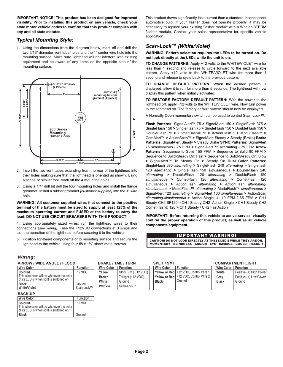 Wiring, Typical mounting style, Scan-lock™ (white/violet) | Whelen 90A00TAR User Manual | Page 2 / 3