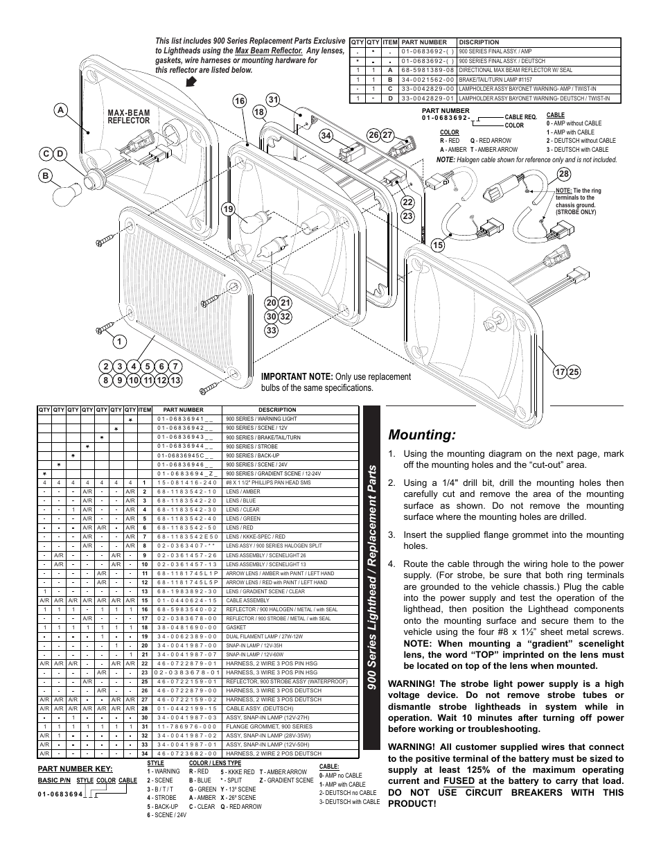 Mounting, 900 series lighthead / replacement parts, Page 2 | Whelen 90F000AR User Manual | Page 2 / 3