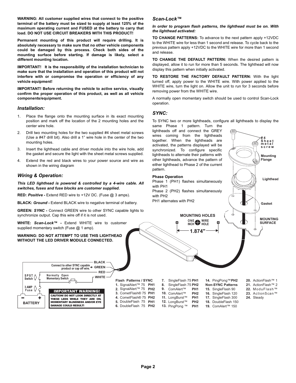 Installation, Wiring & operation, Scan-lock | Sync | Whelen VTXFB User Manual | Page 2 / 2