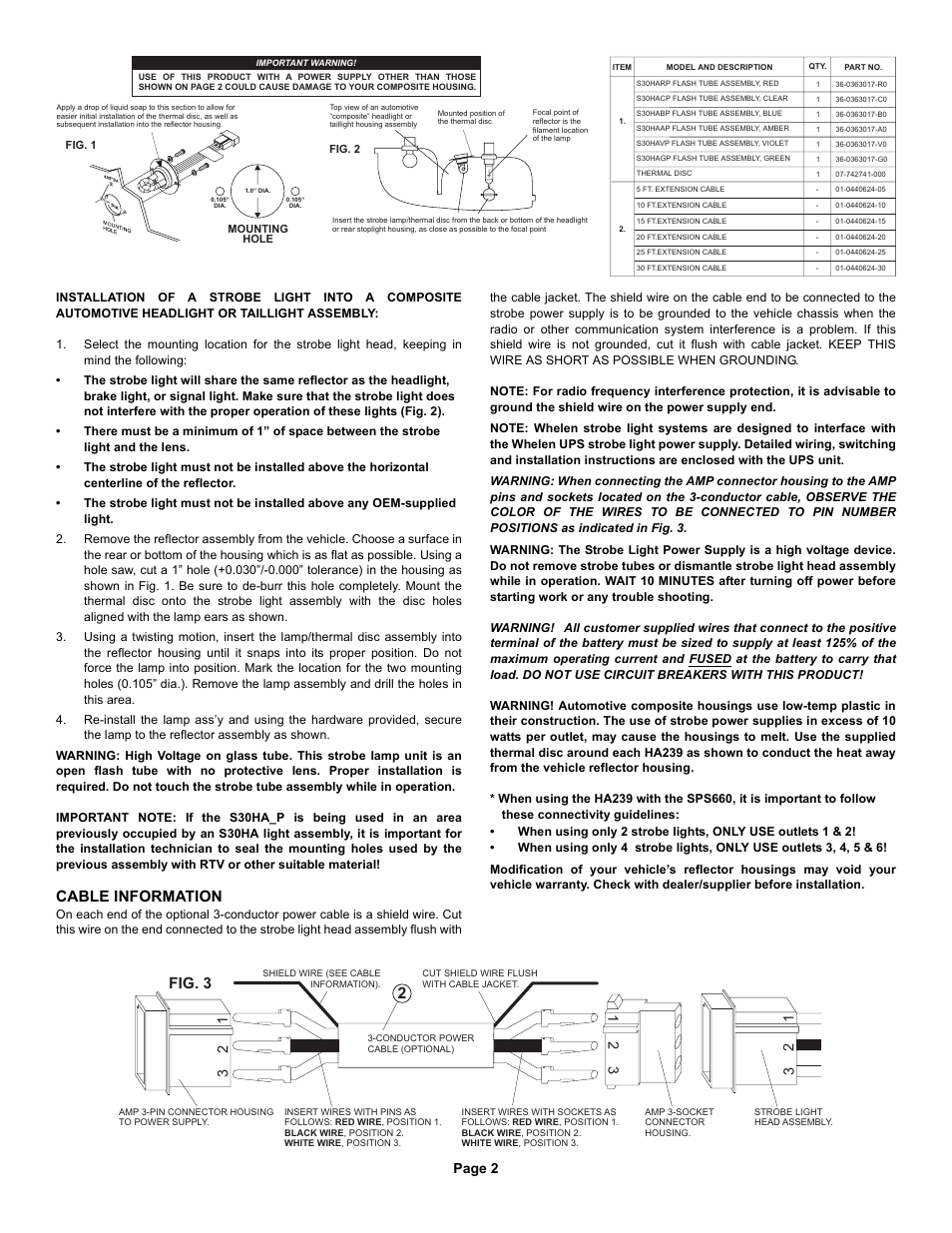 Fig. 3, Cable information, Page 2 1 2 3 | Whelen HA239C User Manual | Page 2 / 2