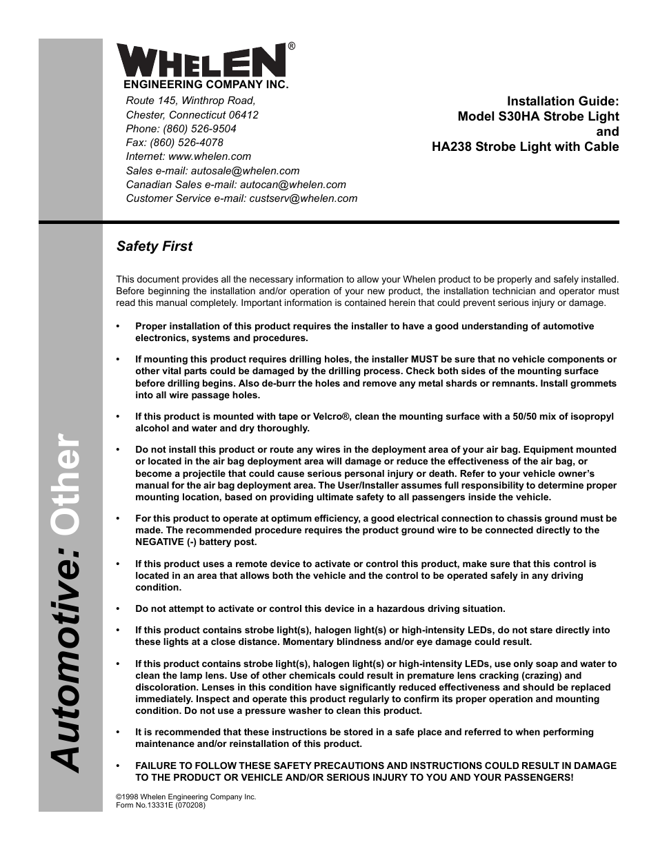 Whelen HA238C User Manual | 2 pages