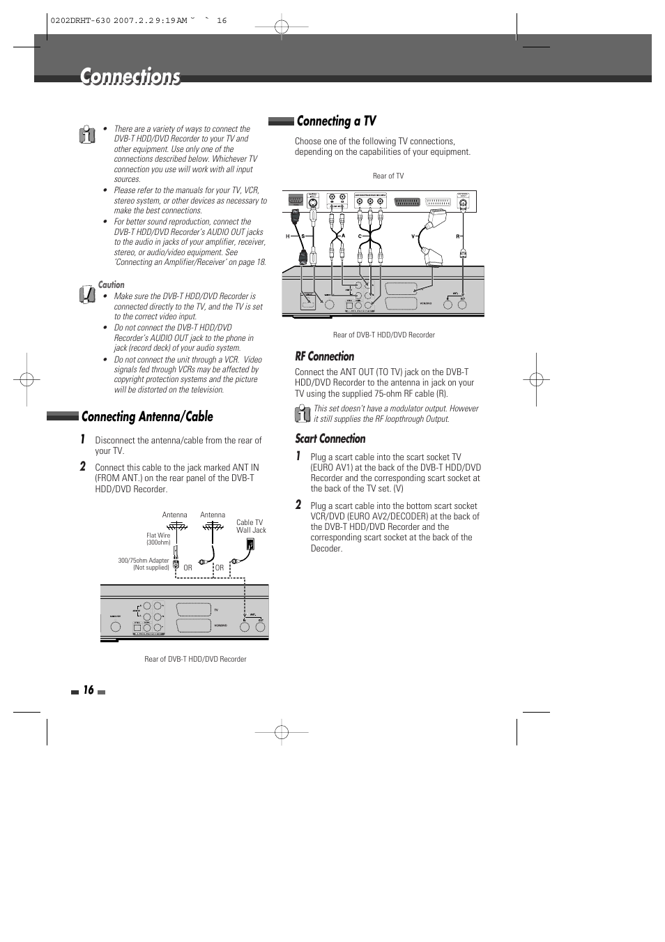 Connections, Connecting a tv, Connecting antenna/cable | Rf connection, Scart connection 1 | Daewoo DRHT-630 User Manual | Page 17 / 69