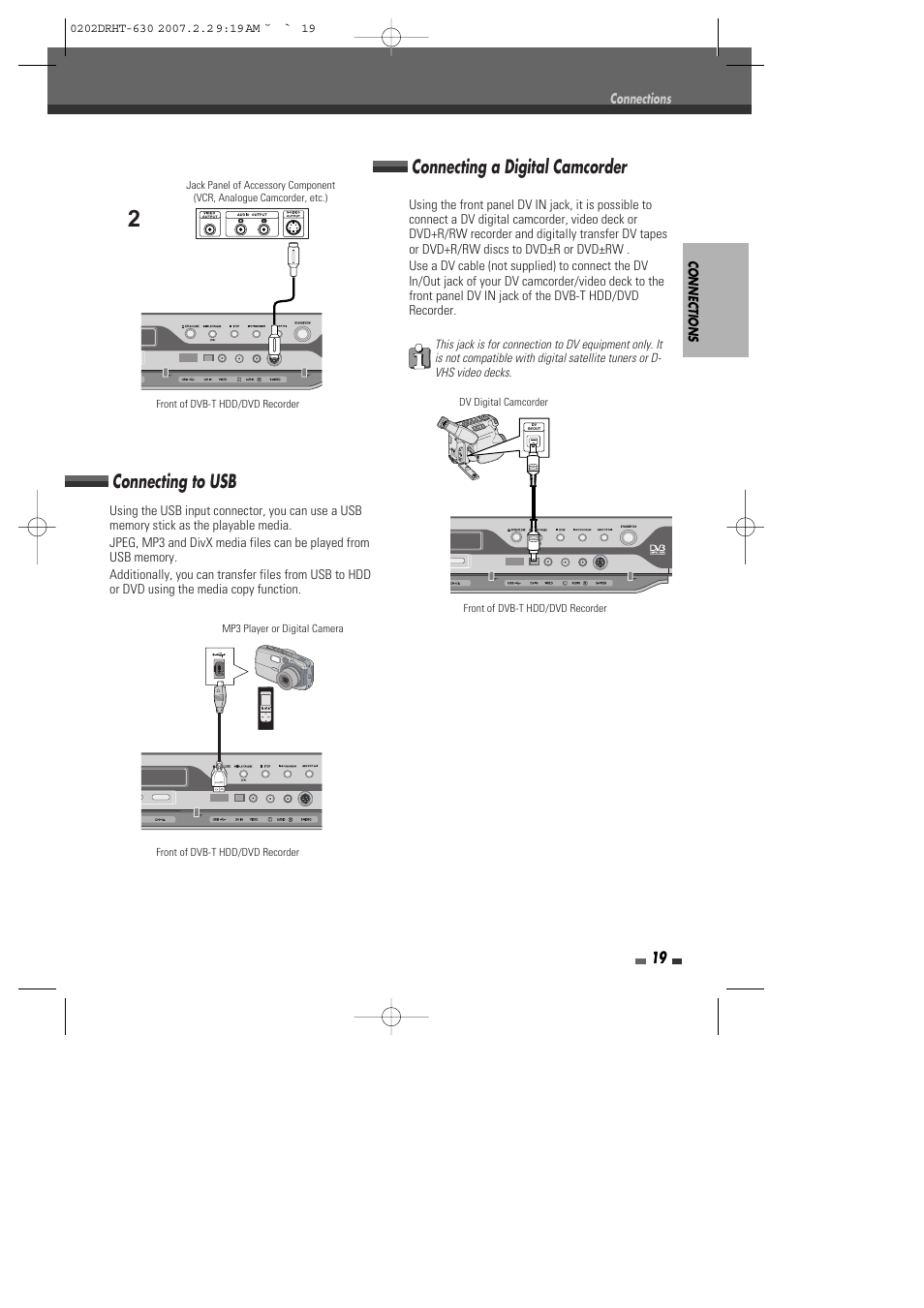 Connecting to usb, Connecting a digital camcorder | Daewoo DRHT-630 User Manual | Page 20 / 69