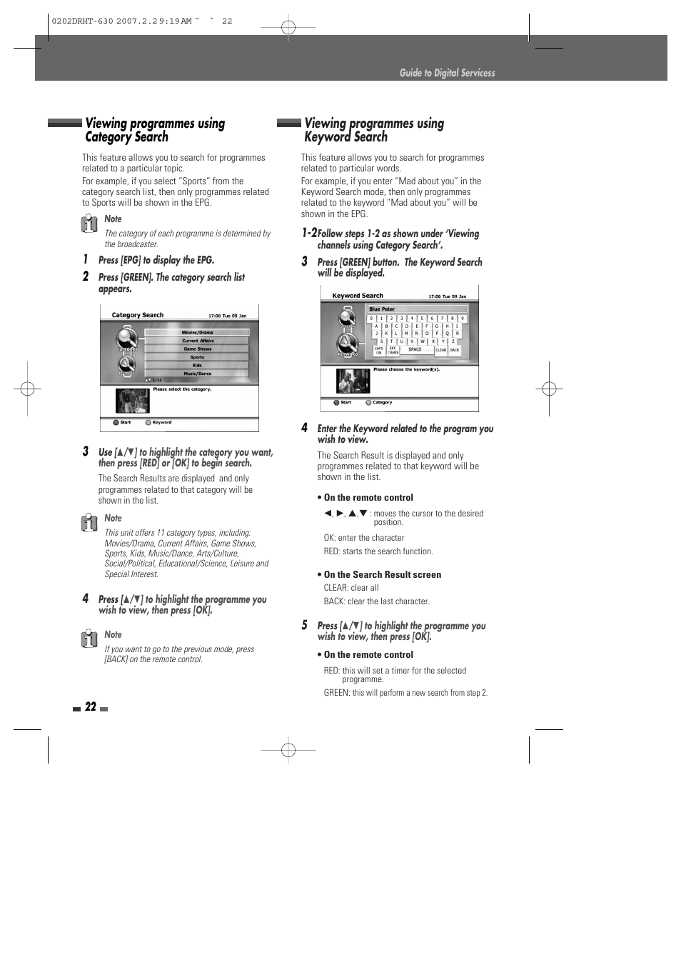 Viewing programmes using category search, Viewing programmes using keyword search | Daewoo DRHT-630 User Manual | Page 23 / 69