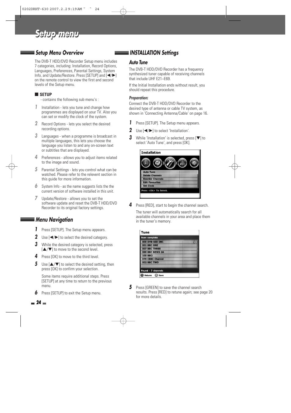 Setup menu, Setup menu overview, Menu navigation | Installation settings | Daewoo DRHT-630 User Manual | Page 25 / 69