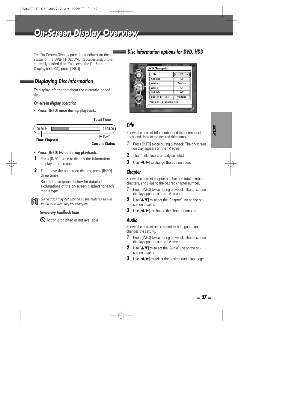 On-screen display overview, Displaying disc information, Disc information options for dvd, hdd | Title, Chapter, Audio | Daewoo DRHT-630 User Manual | Page 38 / 69