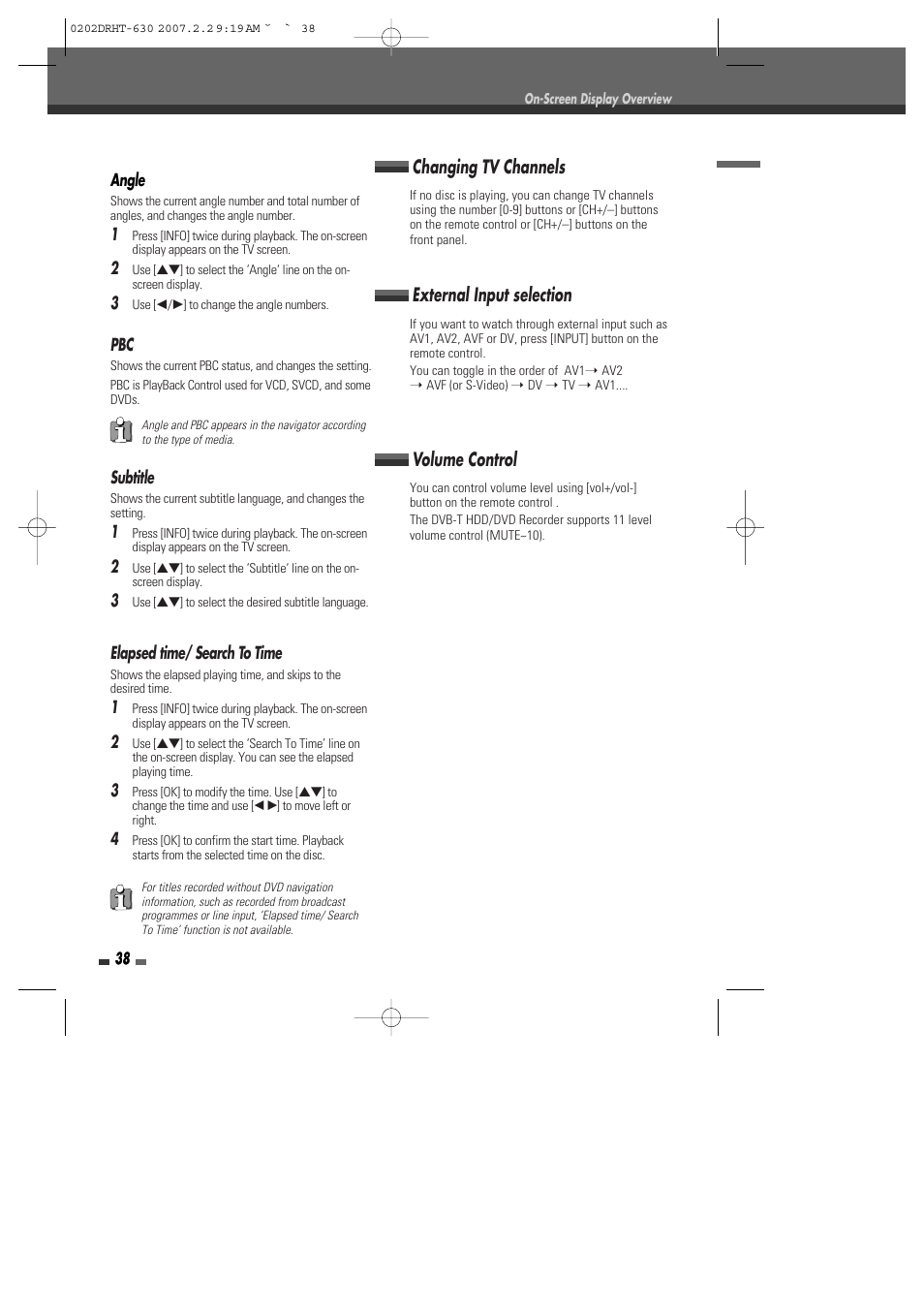 Changing tv channels, External input selection, Volume control | Daewoo DRHT-630 User Manual | Page 39 / 69
