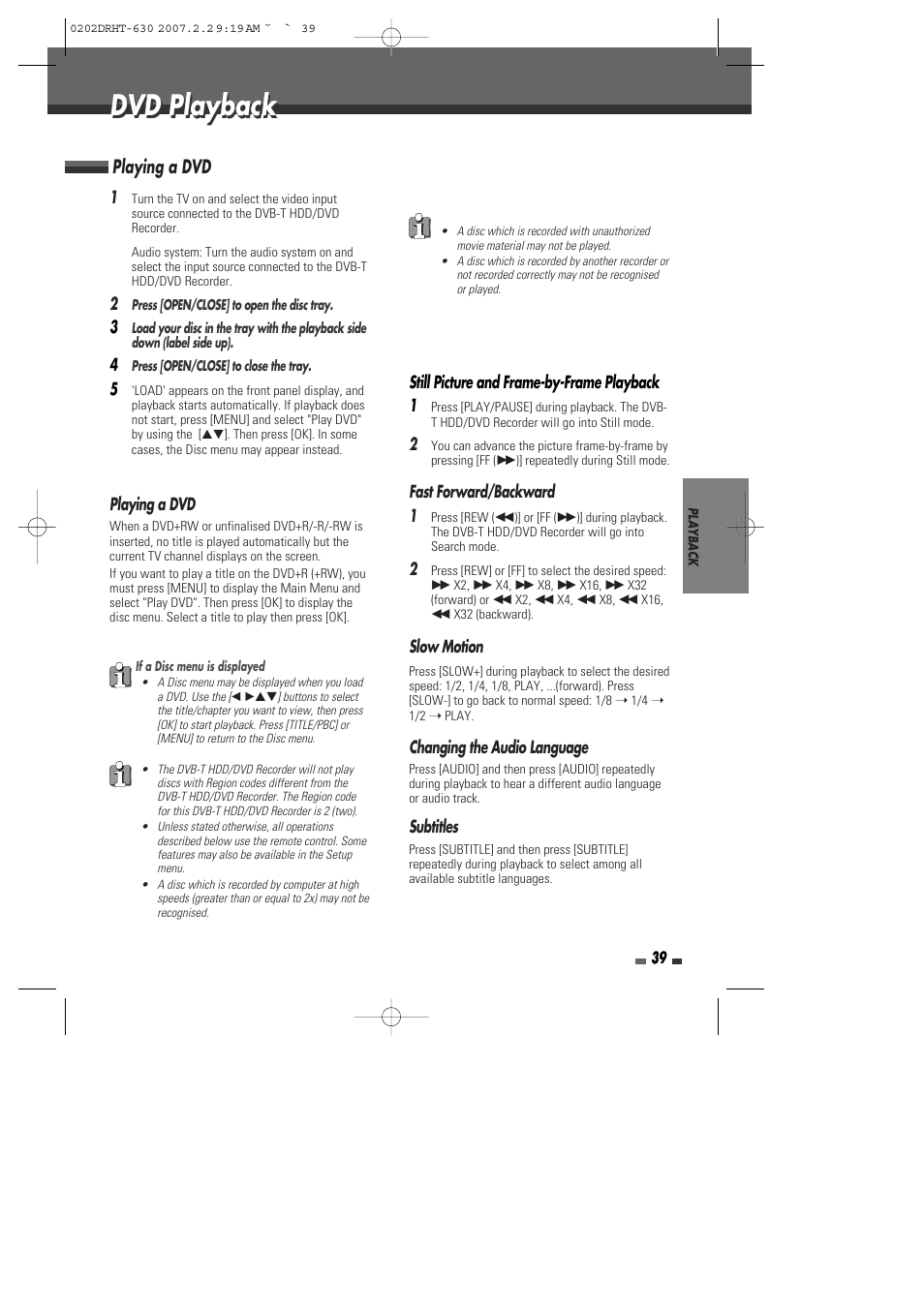 Dvd playback, Playing a dvd | Daewoo DRHT-630 User Manual | Page 40 / 69
