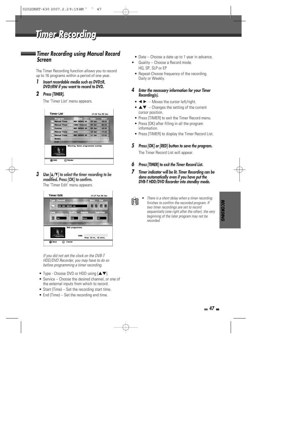 Timer recording, Timer recording using manual record screen | Daewoo DRHT-630 User Manual | Page 48 / 69