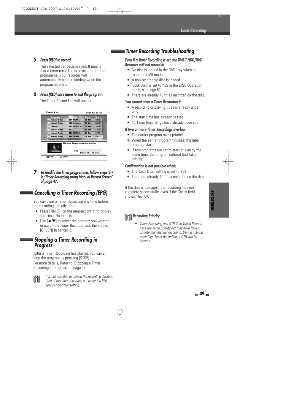 Cancelling a timer recording (epg), Stopping a timer recording in progress, Timer recording troubleshooting | Daewoo DRHT-630 User Manual | Page 50 / 69