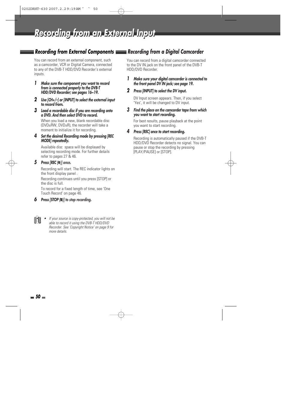 Recording from an external input, Recording from external components, Recording from a digital camcorder | Daewoo DRHT-630 User Manual | Page 51 / 69
