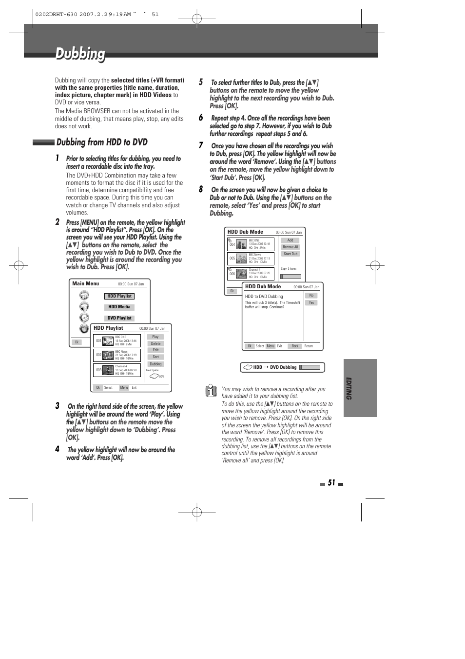 Dubbing, Dubbing from hdd to dvd | Daewoo DRHT-630 User Manual | Page 52 / 69