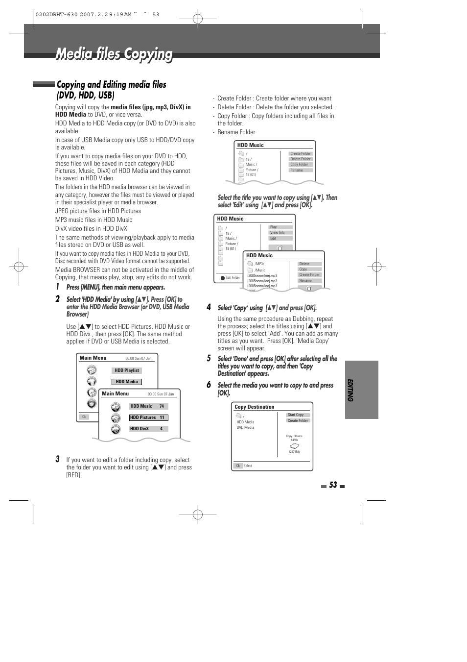 Media files copying, Copying and editing media files (dvd, hdd, usb) | Daewoo DRHT-630 User Manual | Page 54 / 69