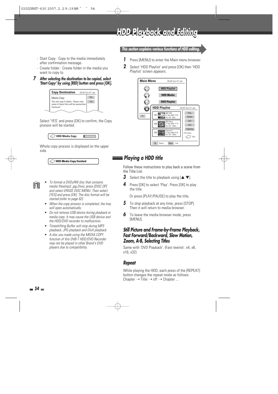 Hdd playback and editing, Playing a hdd title, Repeat | Daewoo DRHT-630 User Manual | Page 55 / 69