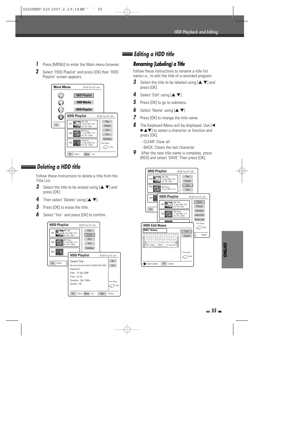 Deleting a hdd title, Editing a hdd title, Renaming (labeling) a title | Hdd playback and editing | Daewoo DRHT-630 User Manual | Page 56 / 69