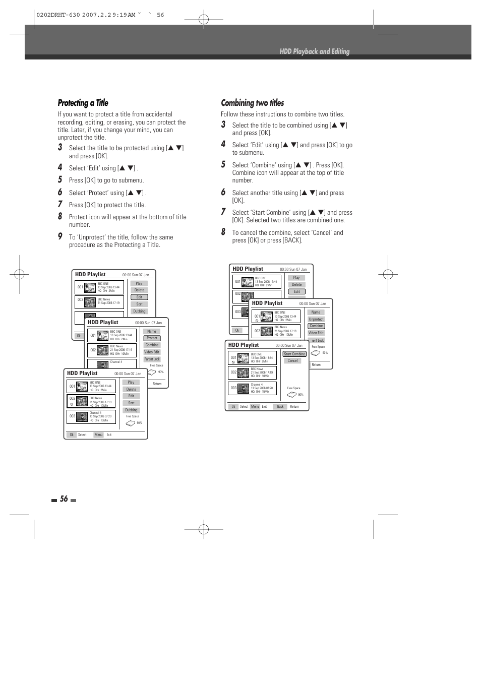 Protecting a title, Combining two titles, Hdd playback and editing | Daewoo DRHT-630 User Manual | Page 57 / 69